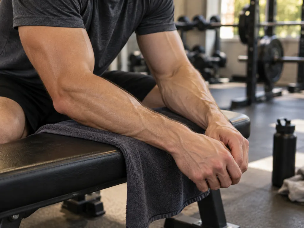 Forearms resting on a gym bench showing visible surface veins after physical exercise