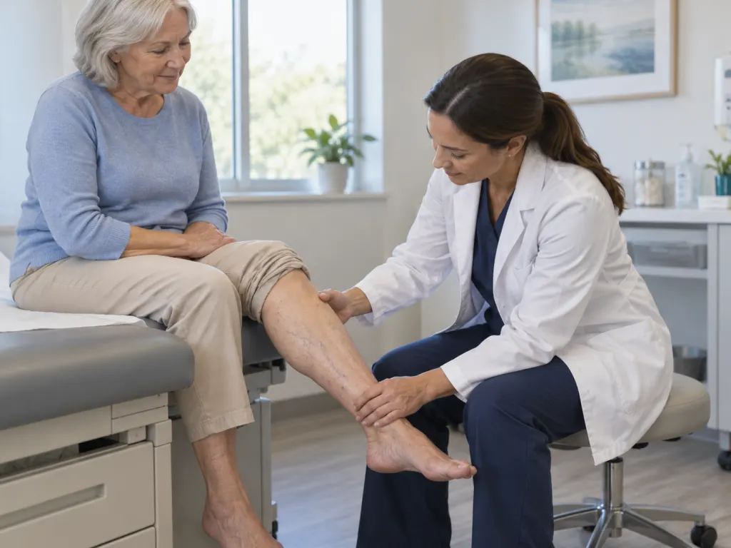 Healthcare professional examining a patient's leg veins in a calm clinical setting