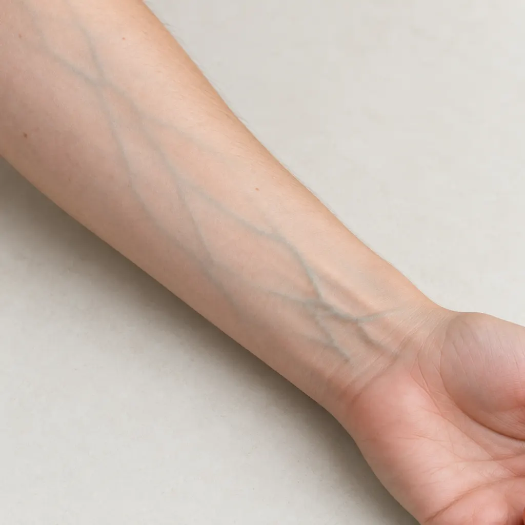 Close-up of a human forearm showing visible surface veins beneath the skin