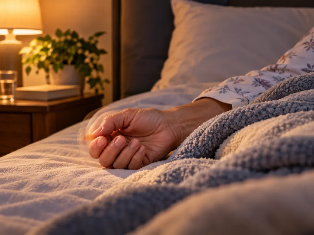 A subtle sleep twitch represented by a hand moving slightly on a blanket