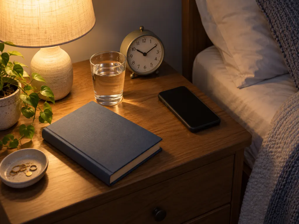 A quiet nightstand arranged for a calm bedtime routine