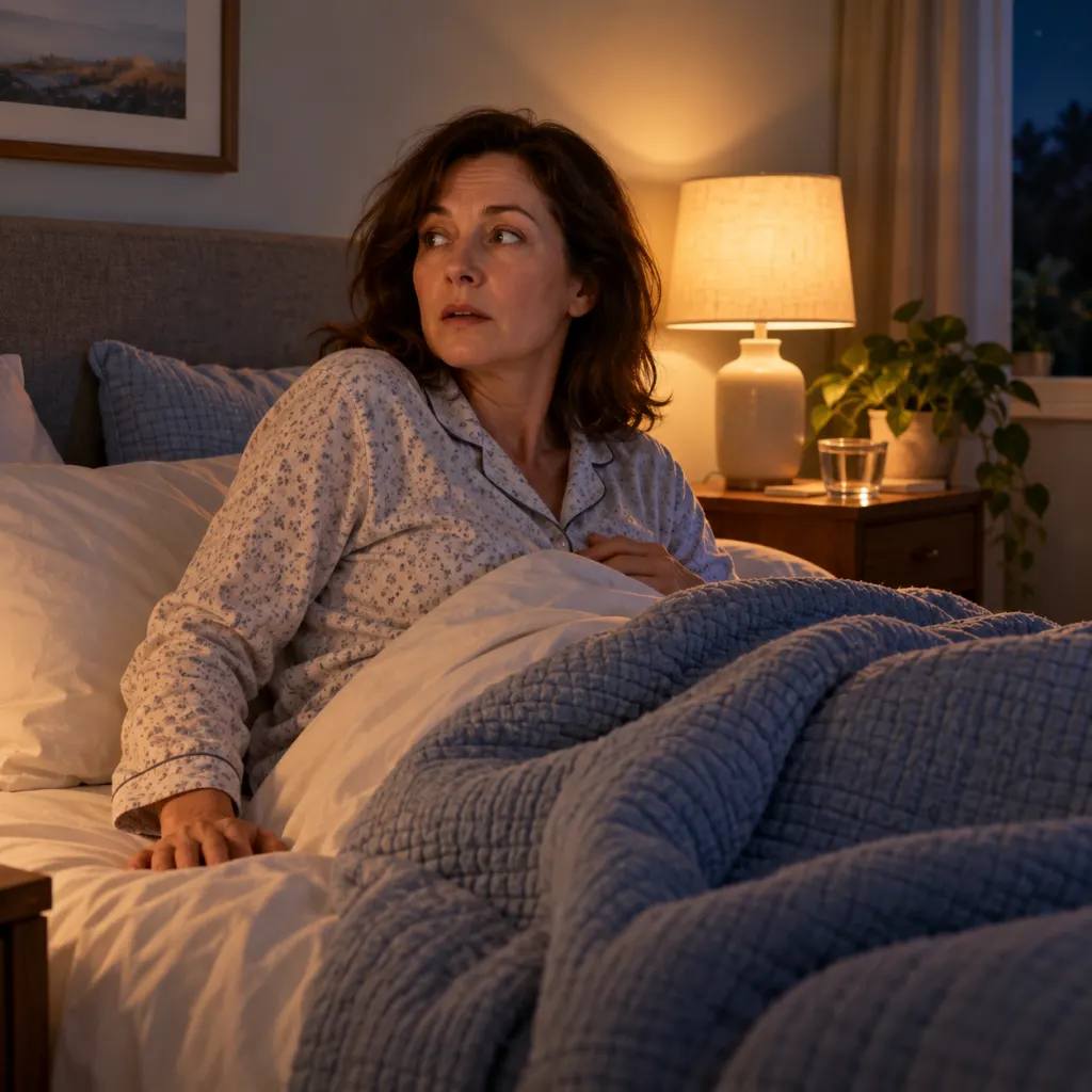 A calm bedroom scene showing a person briefly startled while falling asleep