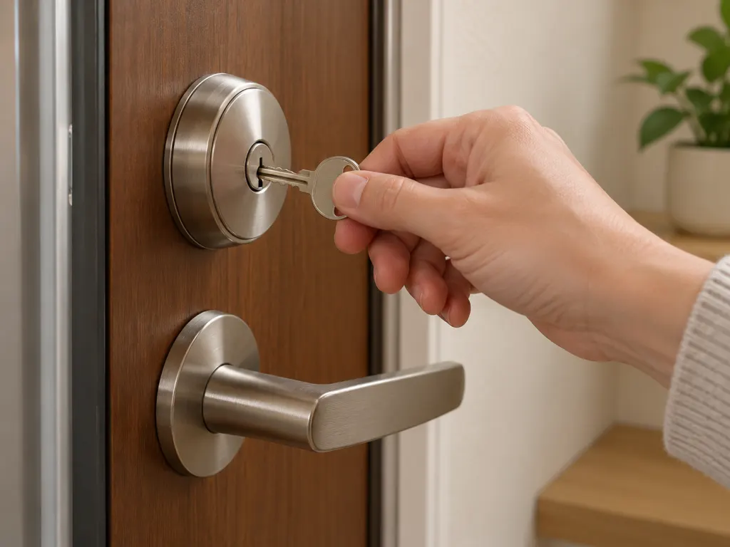 Hand removing a key from an interior door lock after securing the door.