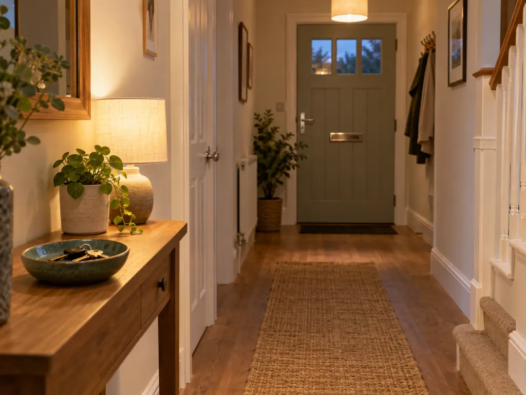 Clear hallway with keys stored away from the door and an unobstructed exit path.