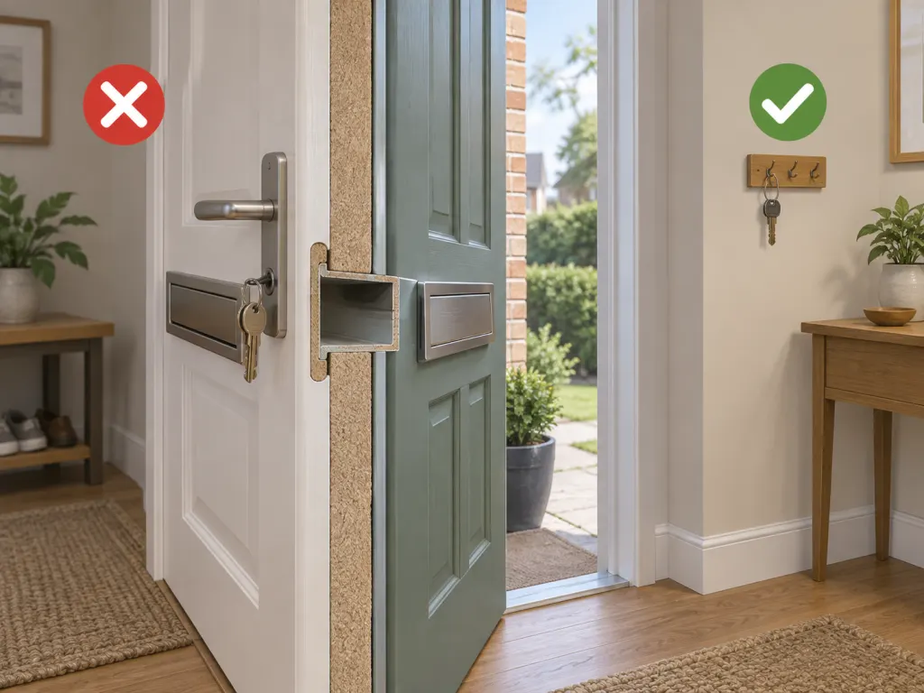 Illustration of a front door area comparing an exposed lock location with a safer interior key station.