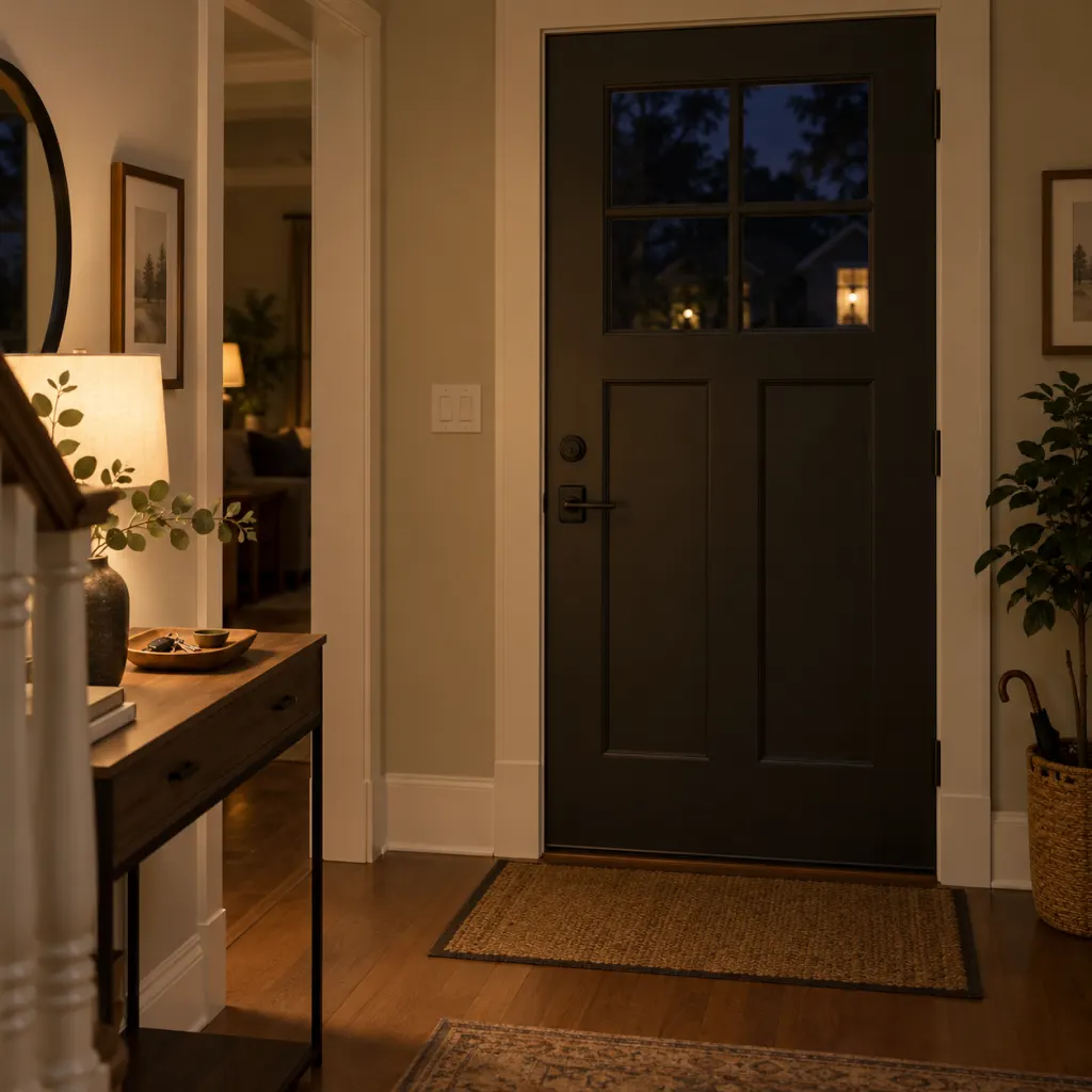 Locked front door at night with keys stored on a nearby interior tray away from the lock.