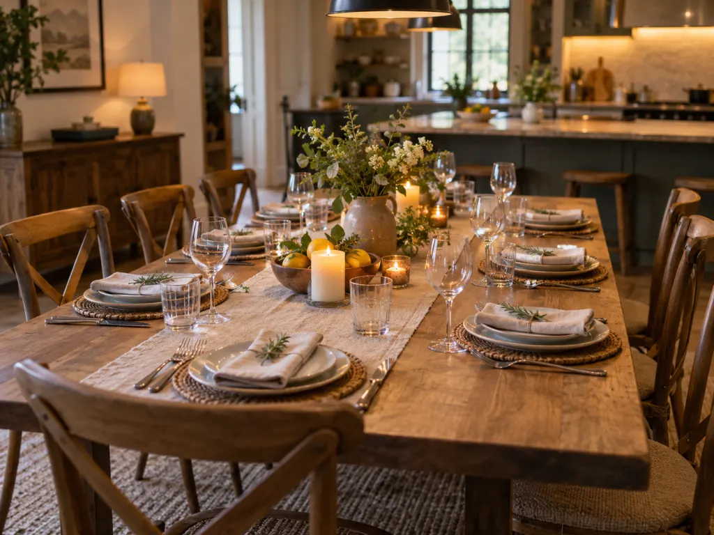 A long table set with varied seating positions before a gathering.