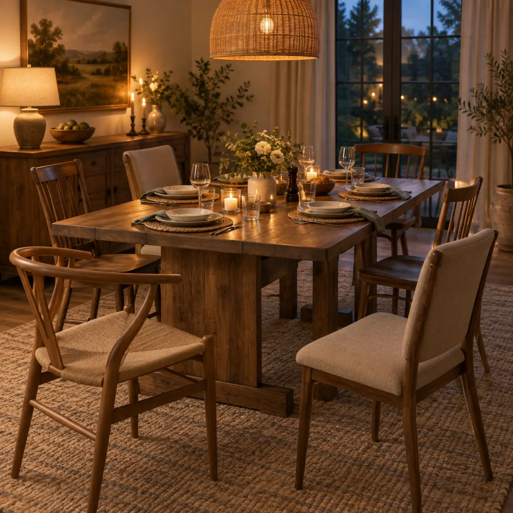 A warm dining table with chairs placed at different angles for conversation.