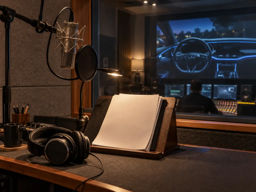 A studio voice booth with a microphone and a softly lit futuristic dashboard shape.
