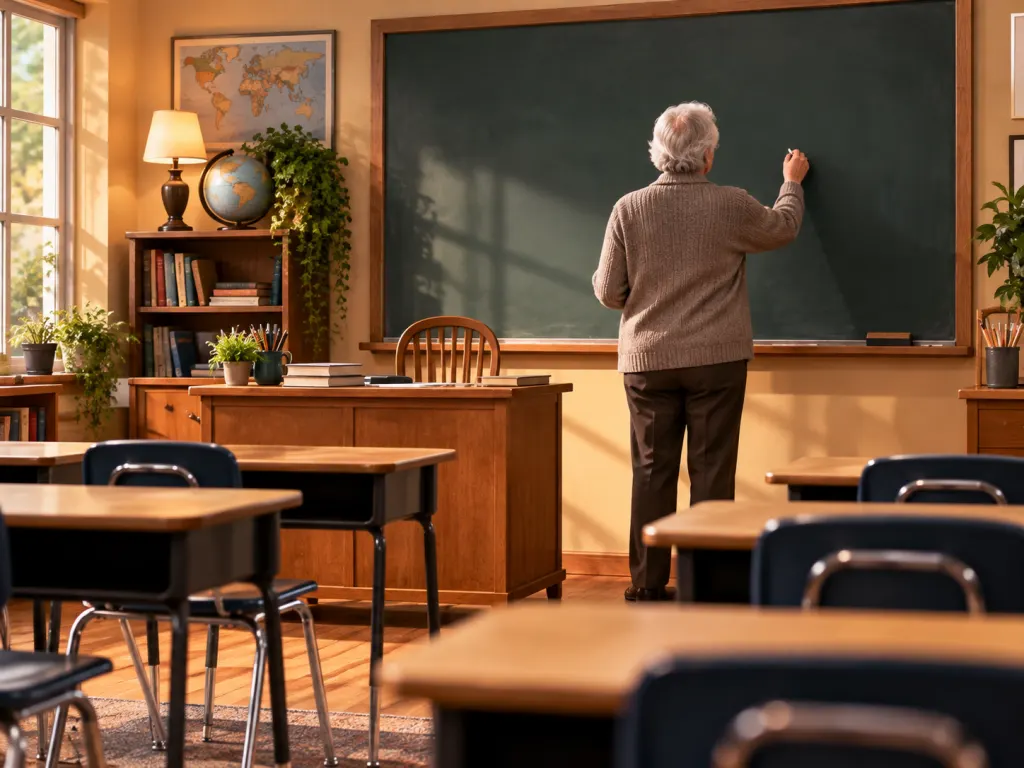 A warm classroom set with an older teacher figure facing a blank chalkboard.