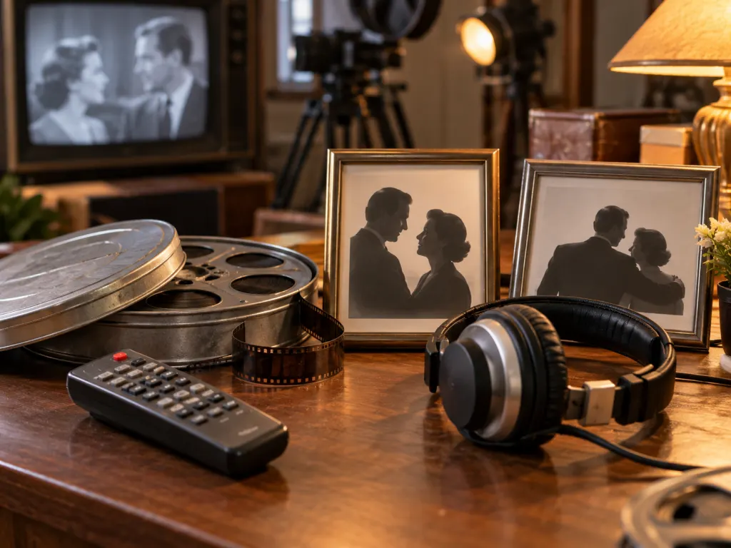 A table with television, film, and studio objects arranged like a quiet career retrospective.
