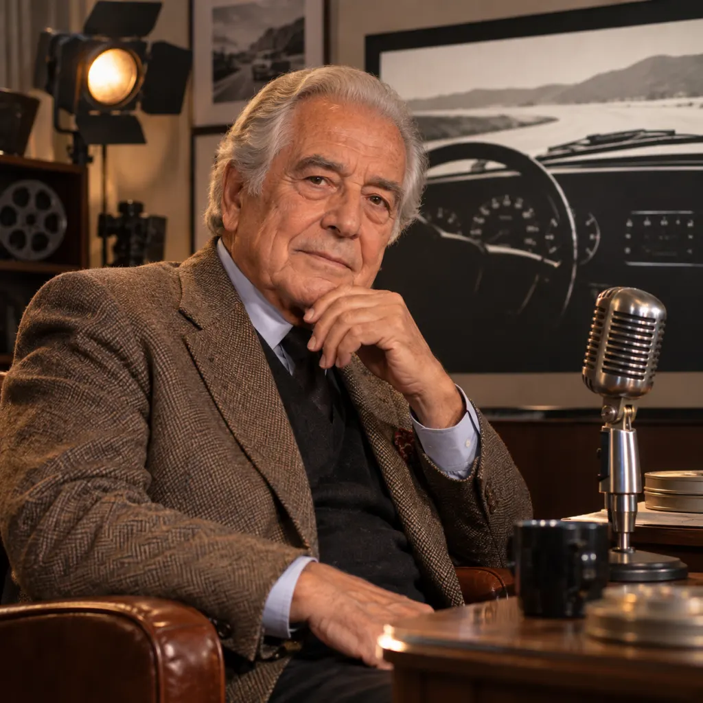 A dignified older actor seated near a studio microphone with a subtle vintage dashboard shape behind him.