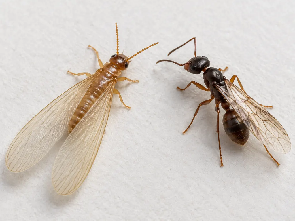 A winged termite-like insect and a winged ant-like insect shown side by side for comparison