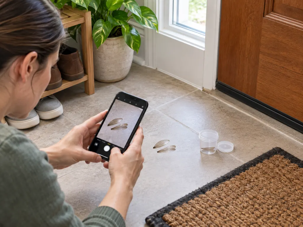 A person documents loose insect wings near a front door with a phone and sample container