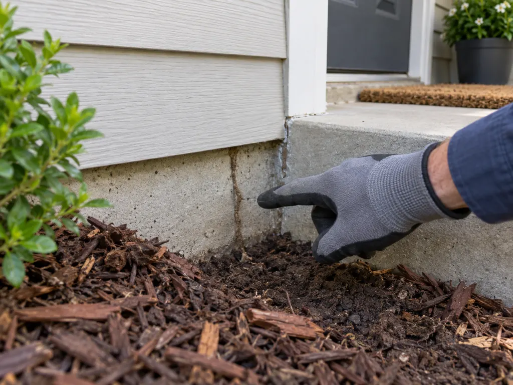 A foundation edge near a front step is inspected for possible termite signs