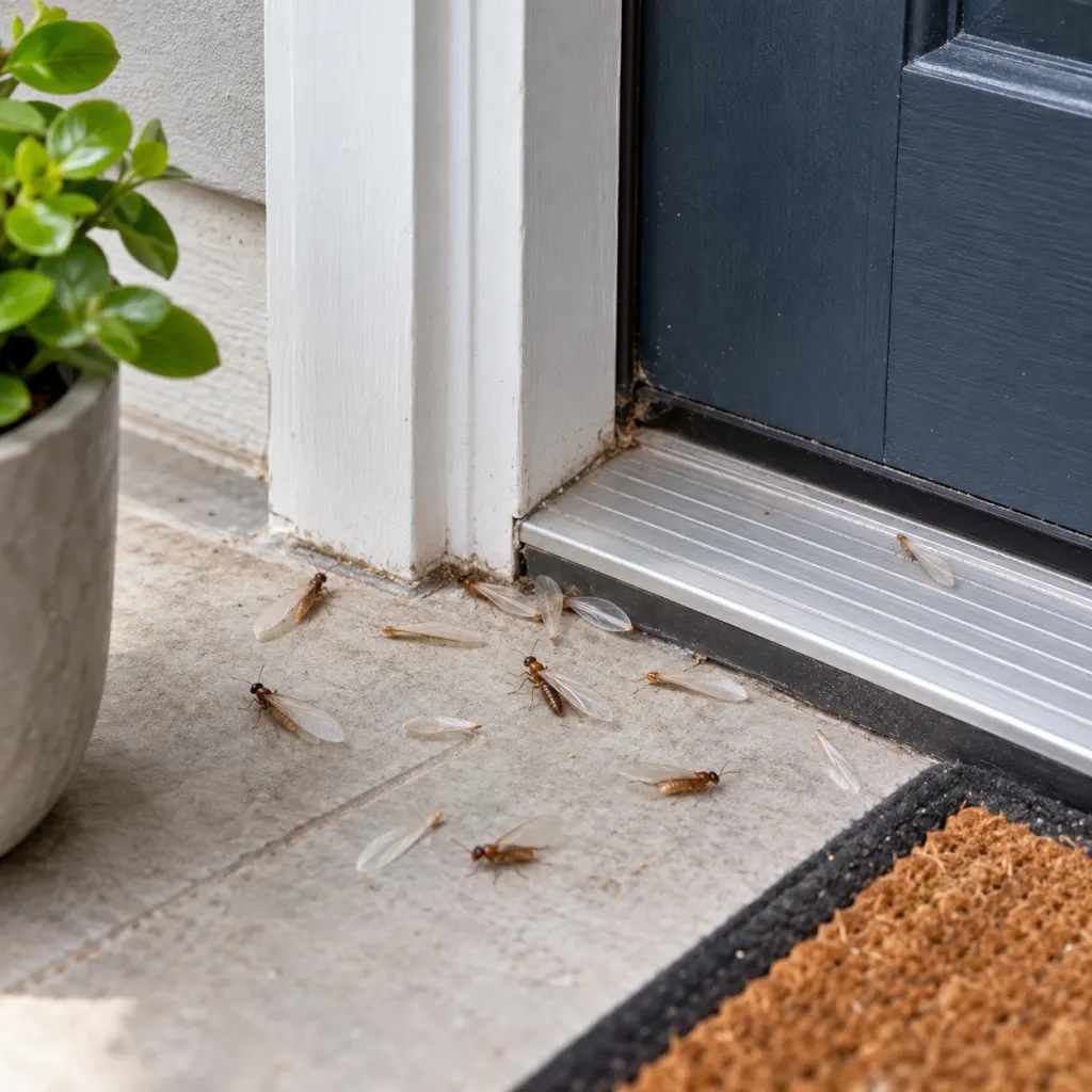 Small winged insects and loose wings on a clean front door threshold