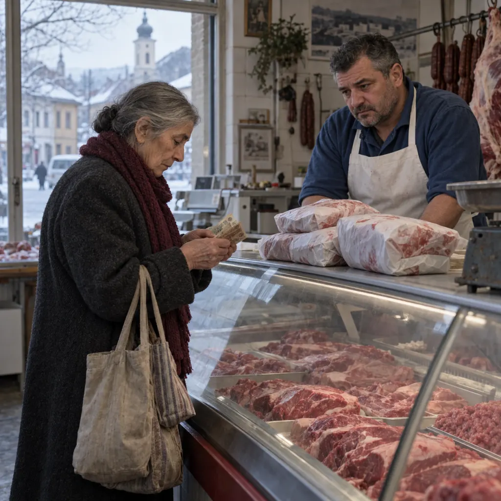 Lidia counts old banknotes at a butcher counter beside heavy wrapped beef parcels.