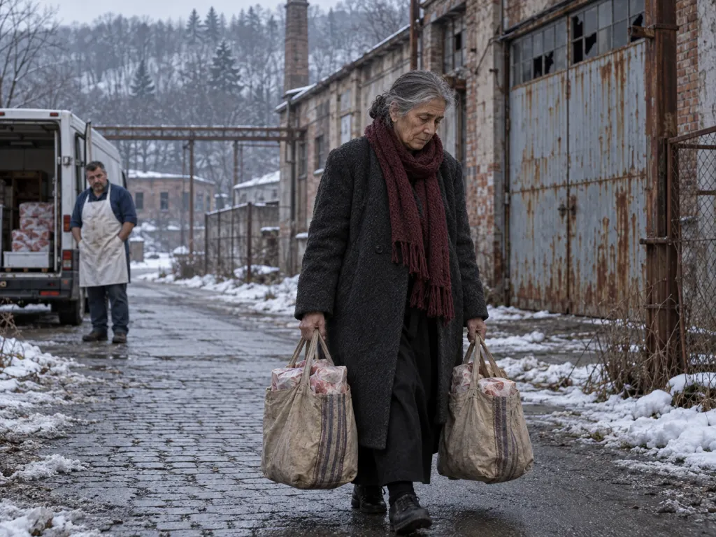 Lidia carries heavy market bags toward an abandoned cannery while Ovidiu watches from a distance.
