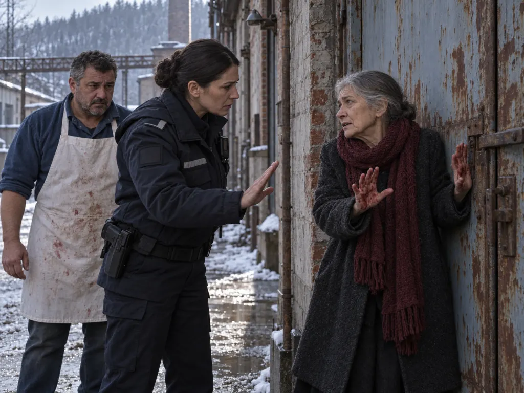 Lidia pleads at a locked metal warehouse door as Mara and Ovidiu approach.