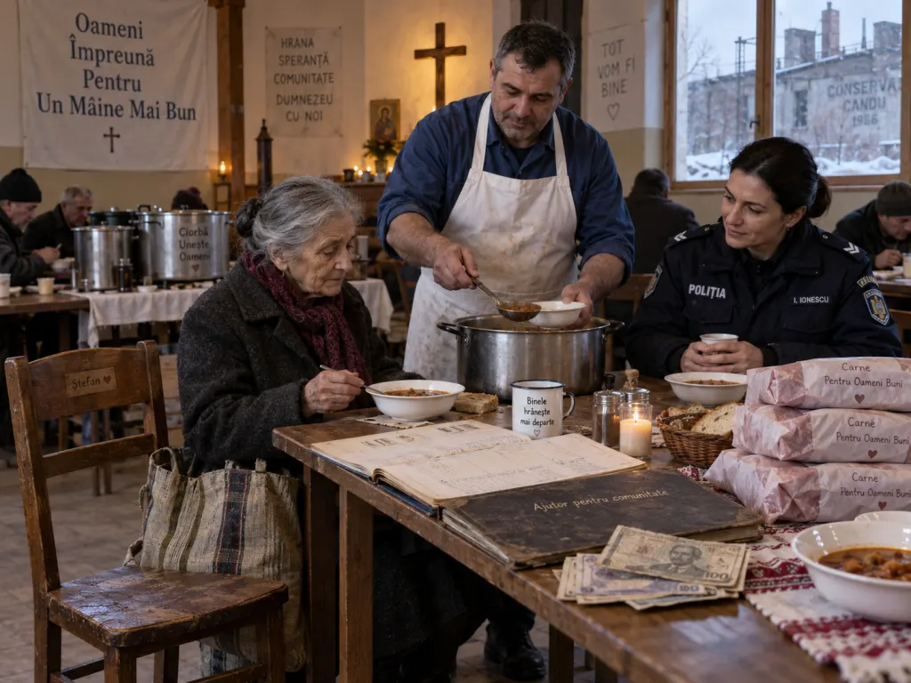 Lidia sits beside an empty wooden chair in a church hall as stew is served around her.
