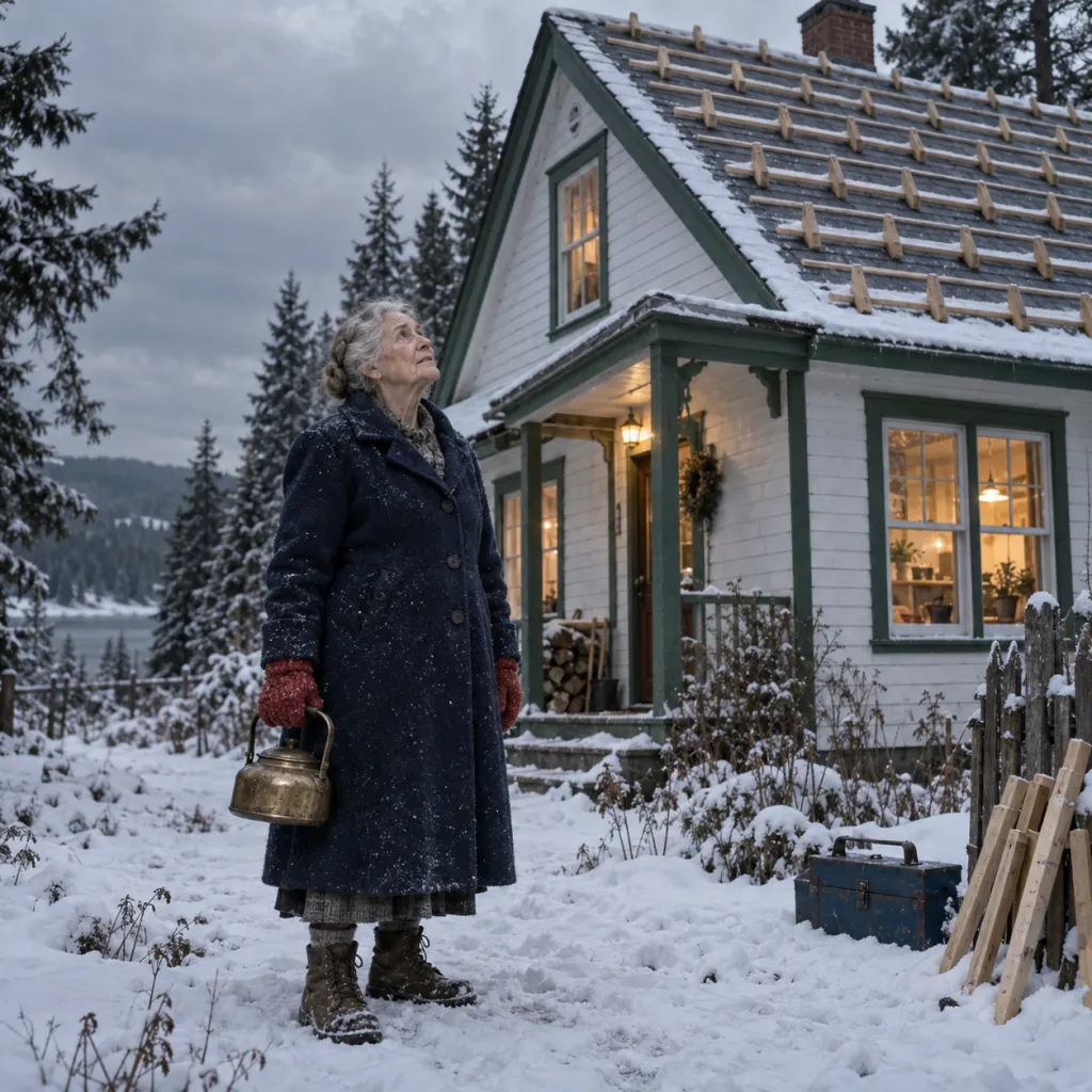 Elderly woman stands before a snowy cottage roof lined with wooden stakes.