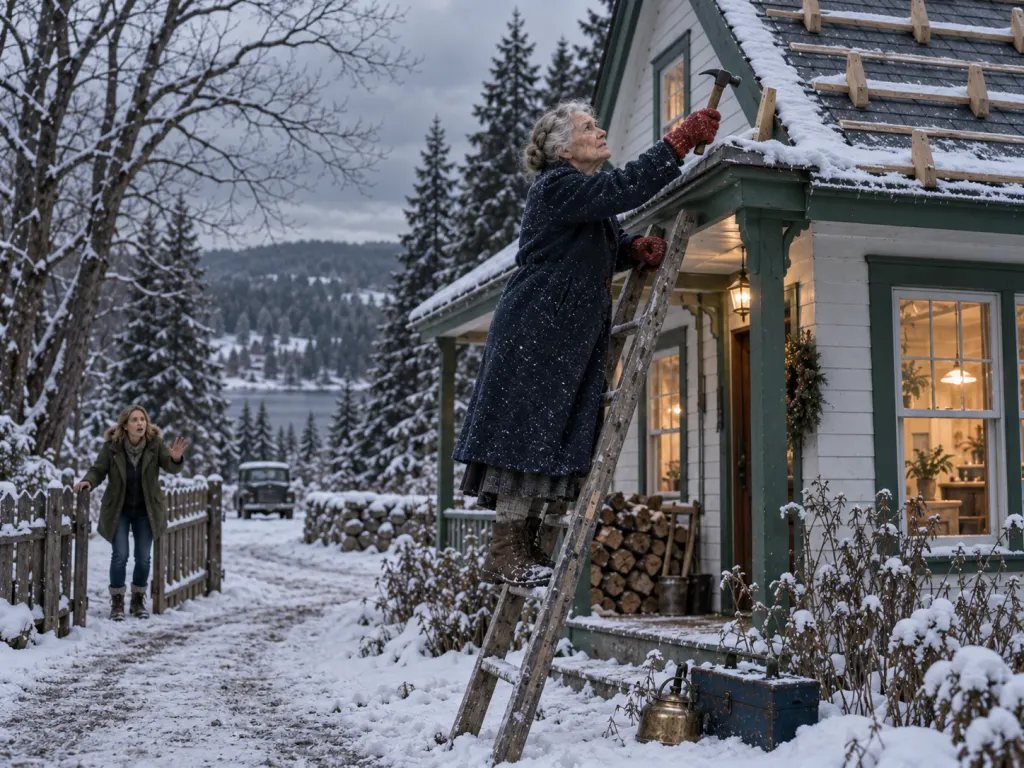 Lila hammers a cedar stake into the porch roof while Nora watches from the gate.