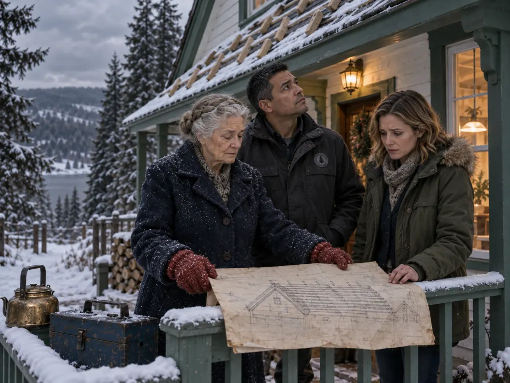 Lila shows Nora and Daniel an old roof sketch beside the staked cottage.