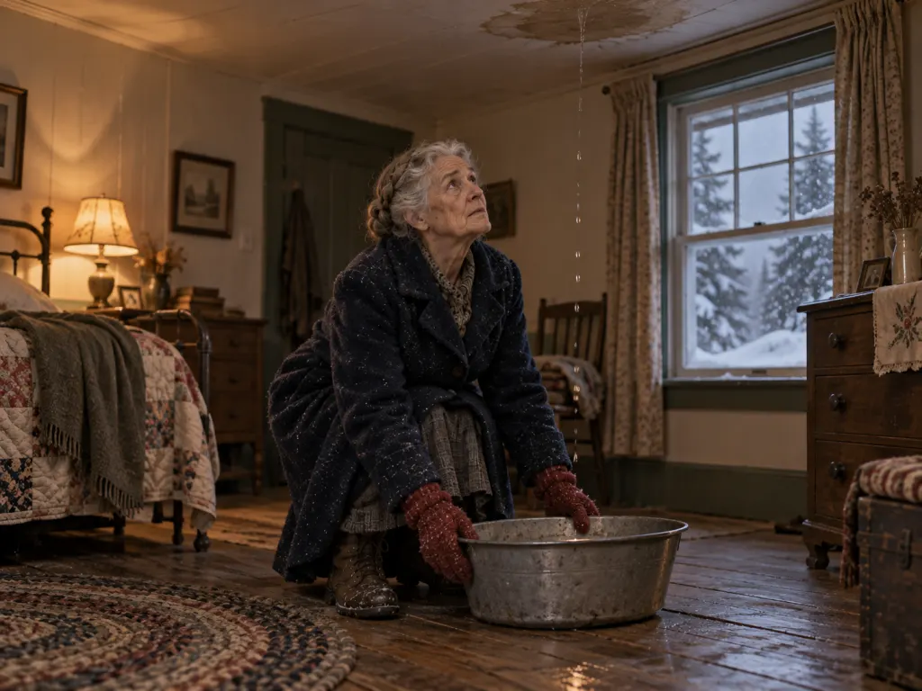 Lila places a basin under a leaking ceiling during a winter storm.
