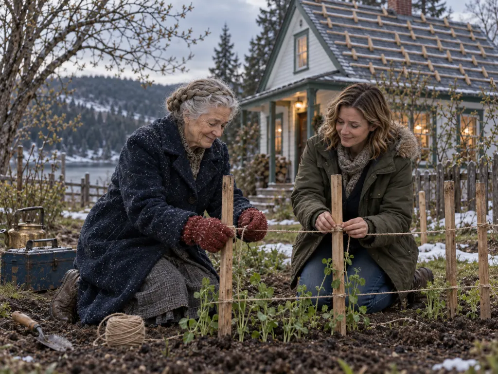 Lila and Nora reuse cedar stakes in a spring garden beside the repaired cottage.