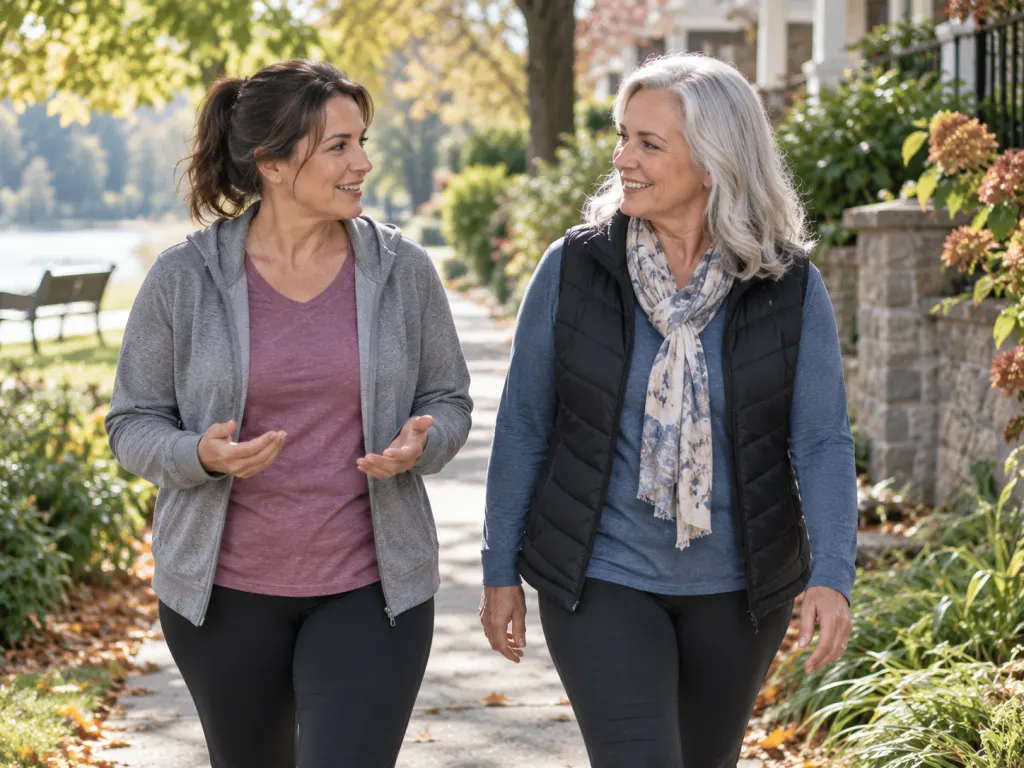 Two women walk together on a quiet path while having a relaxed conversation.