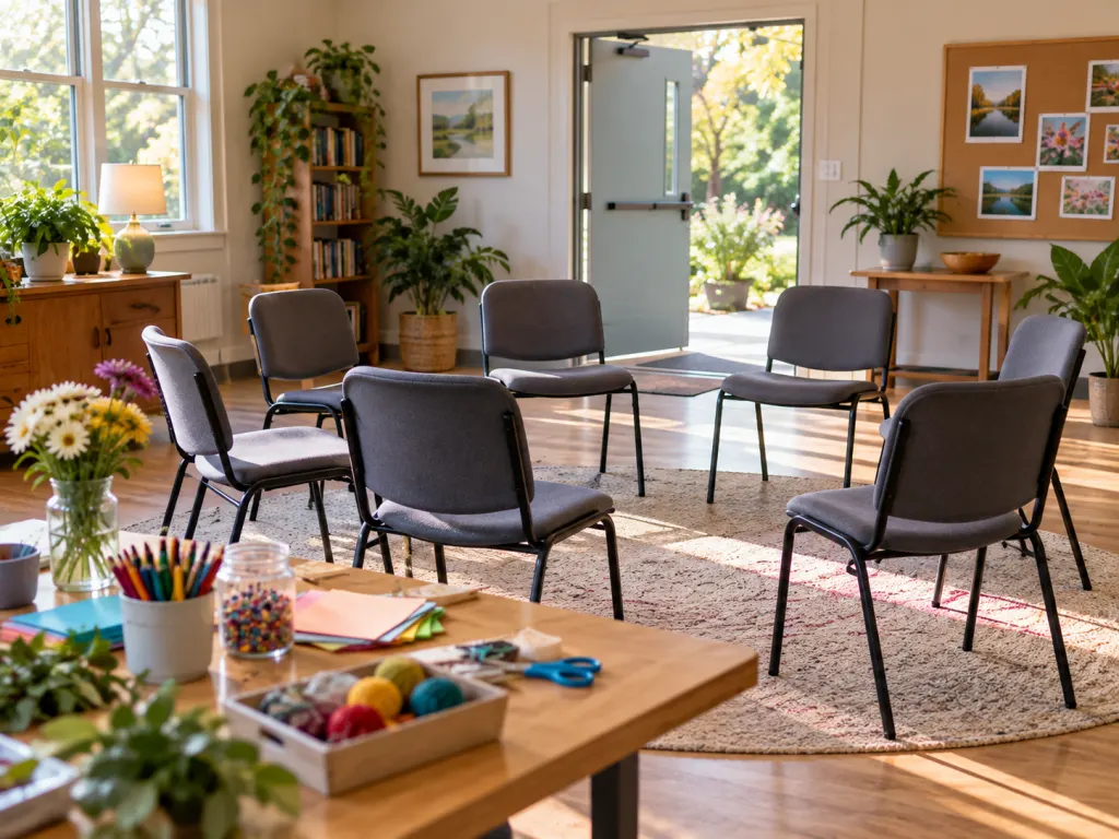 A welcoming community room with chairs and supplies set up for a small group activity.