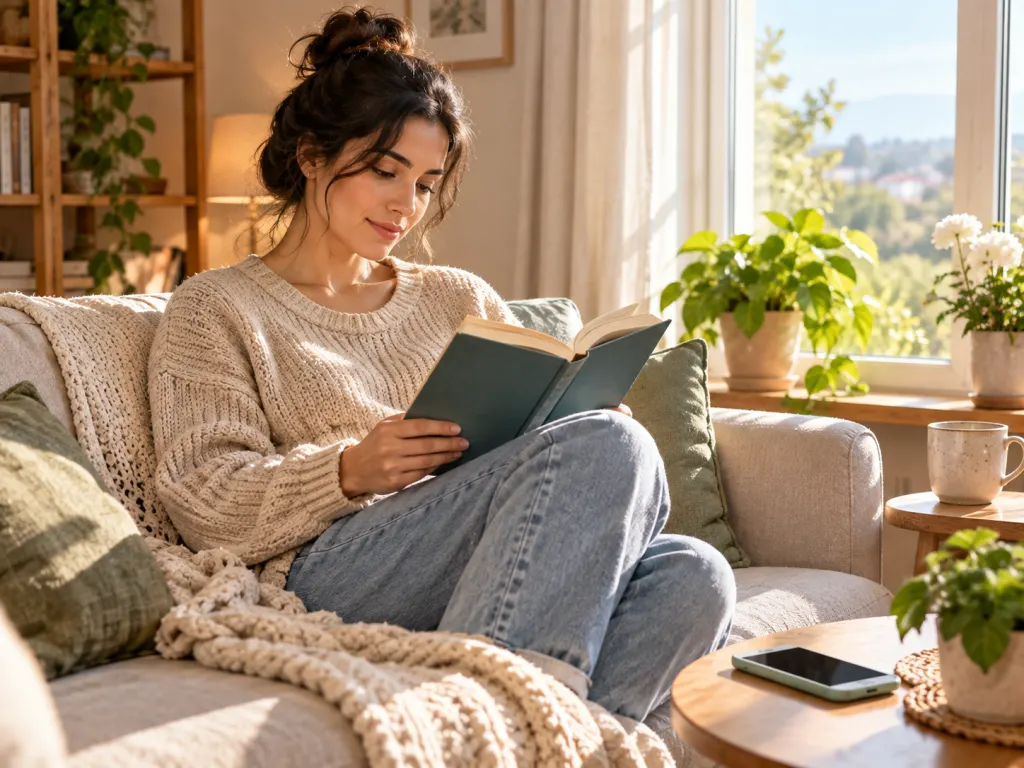 A woman reads peacefully on a sofa near a sunlit window with a phone nearby.