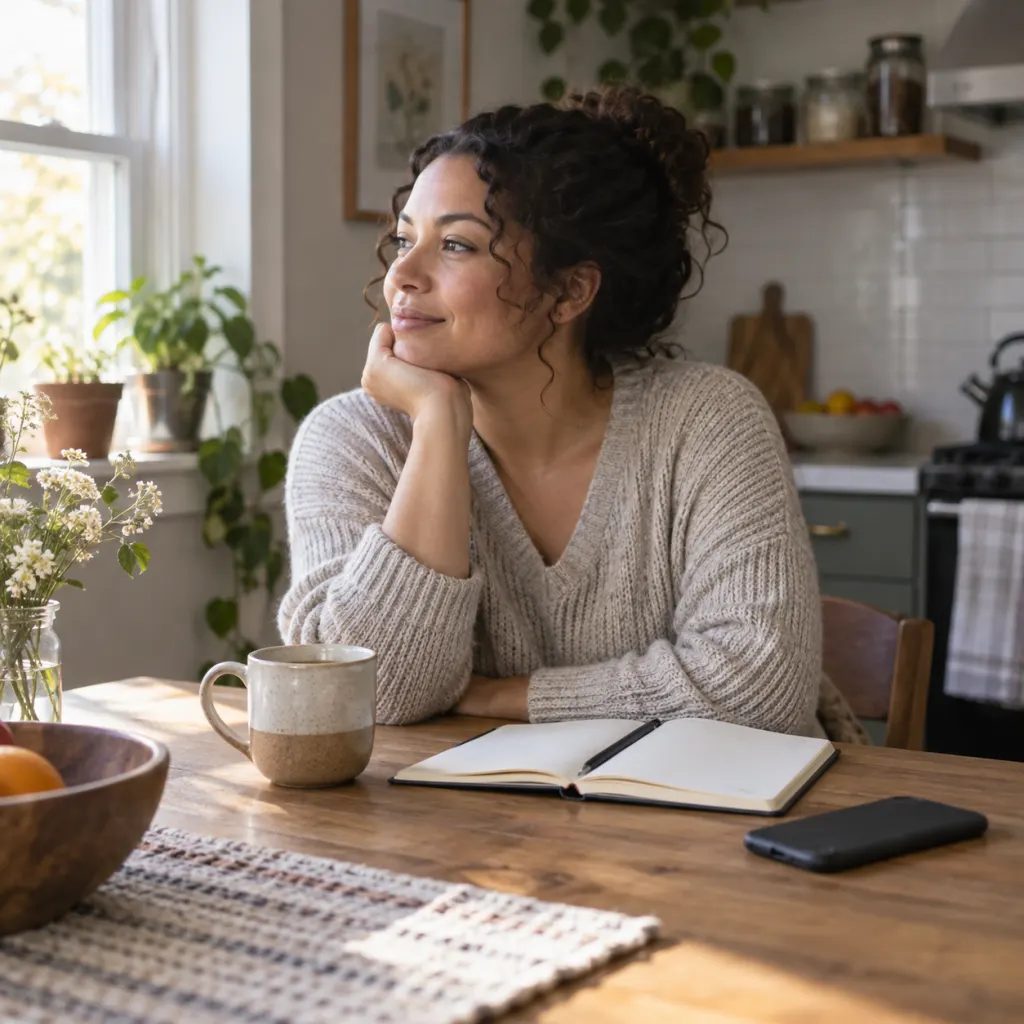 A woman sits thoughtfully at a kitchen table with a notebook and cup in soft morning light.