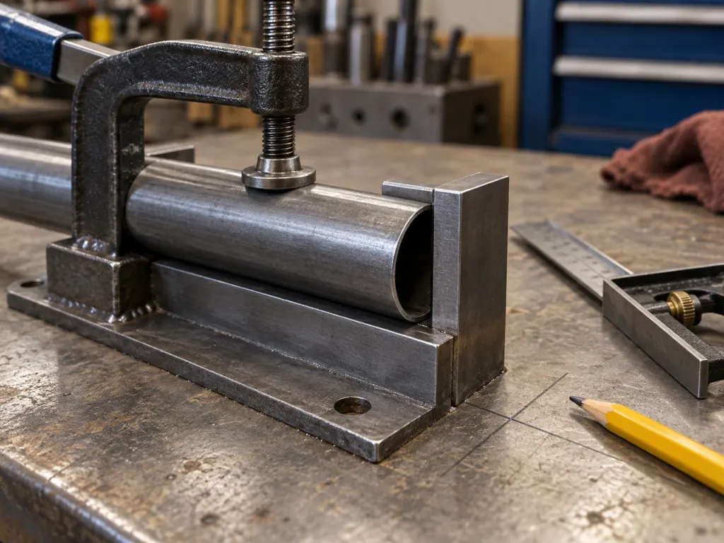 A metal tube is clamped against a reference stop with a square nearby for checking alignment.