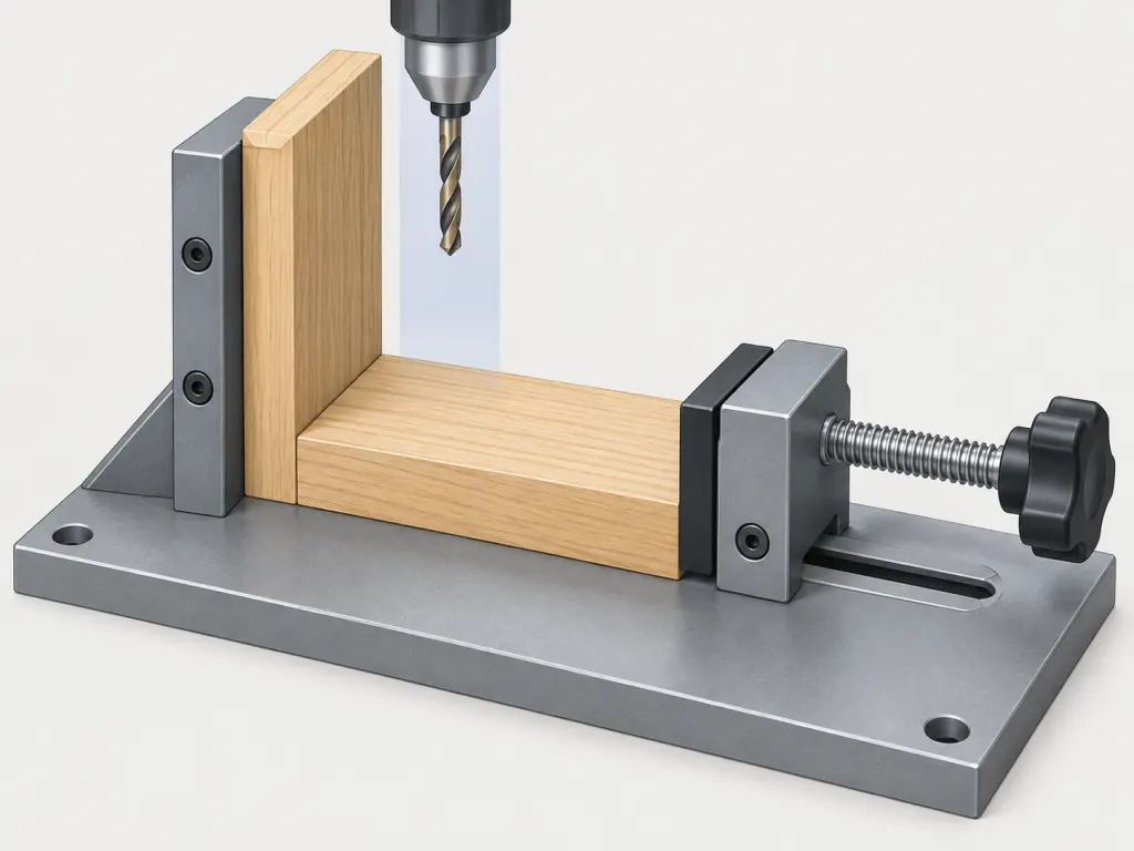 An unlabeled illustration shows the main parts of a compact workholding jig.