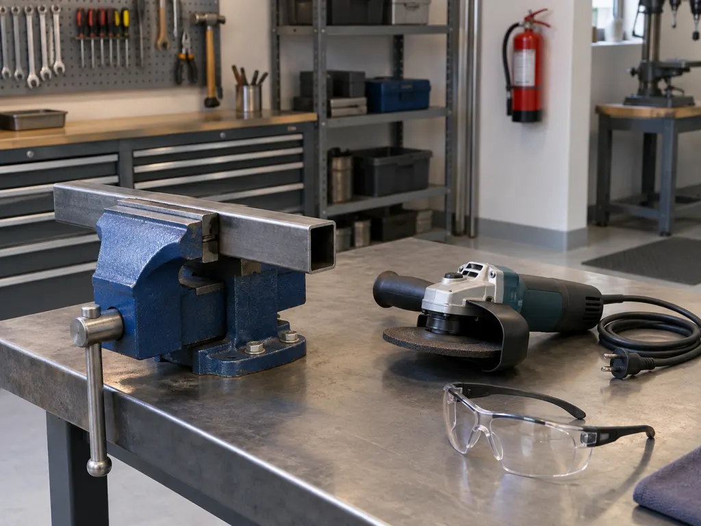 A safe workshop setup shows a clamped workpiece, guarded grinder, safety glasses, and fire extinguisher.