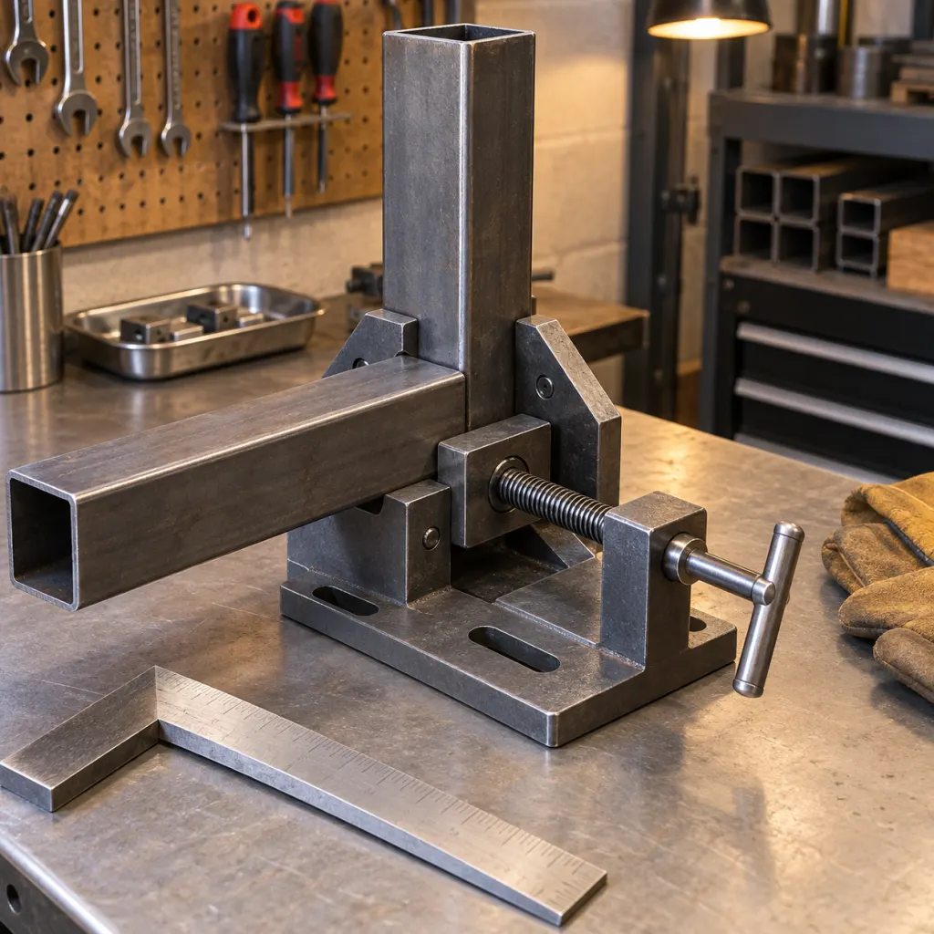 A compact steel jig holds two metal tubes square on a tidy workshop bench.