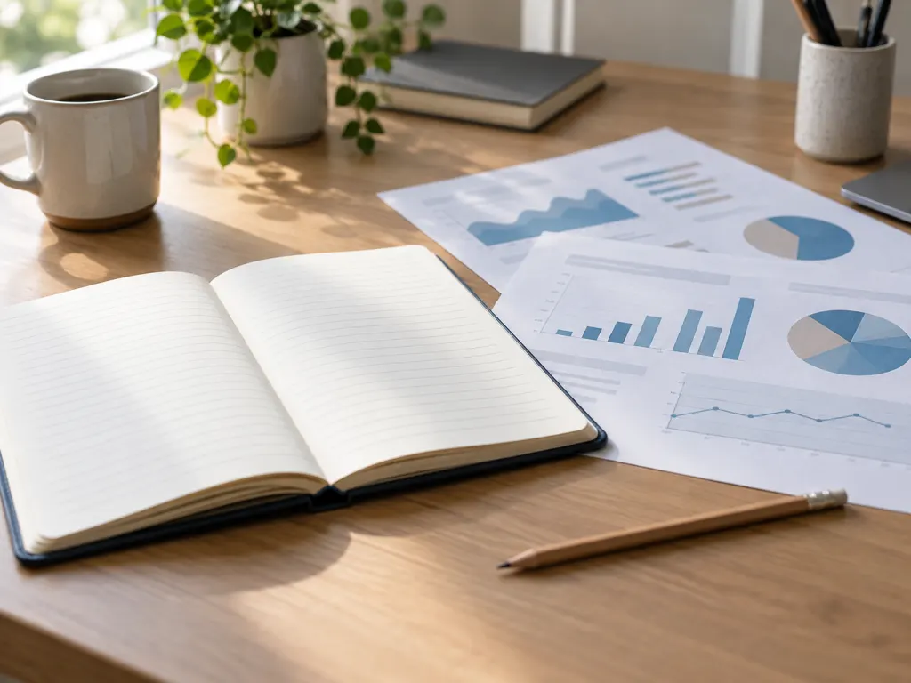 A notebook and abstract data charts on a desk representing baby-name popularity research.
