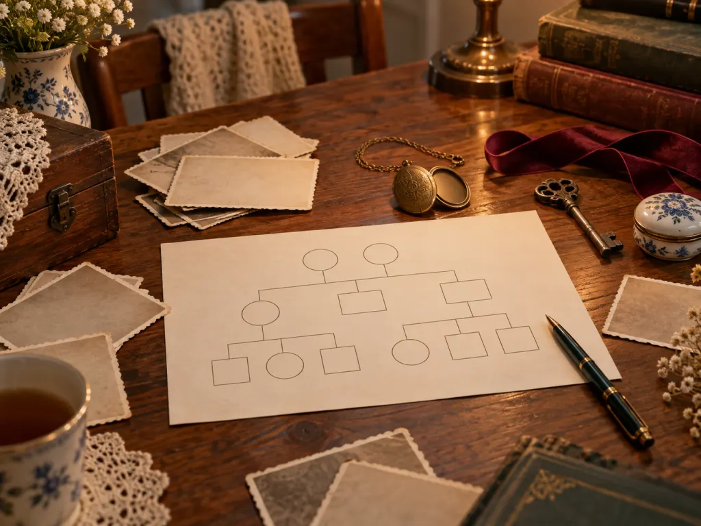 A family table with keepsakes and a blank family tree page suggesting names shaped by memory.