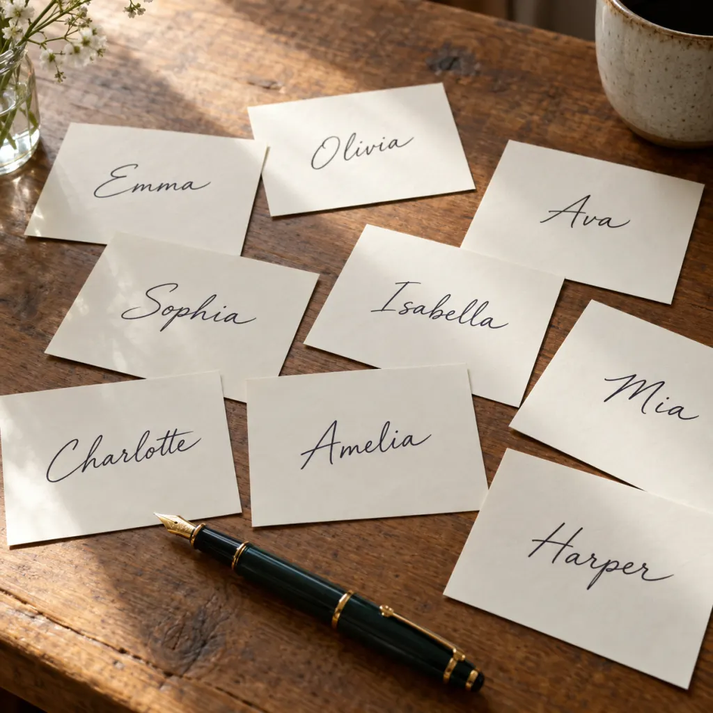 A softly lit table with blank name cards and a pen suggesting thoughtful name research.