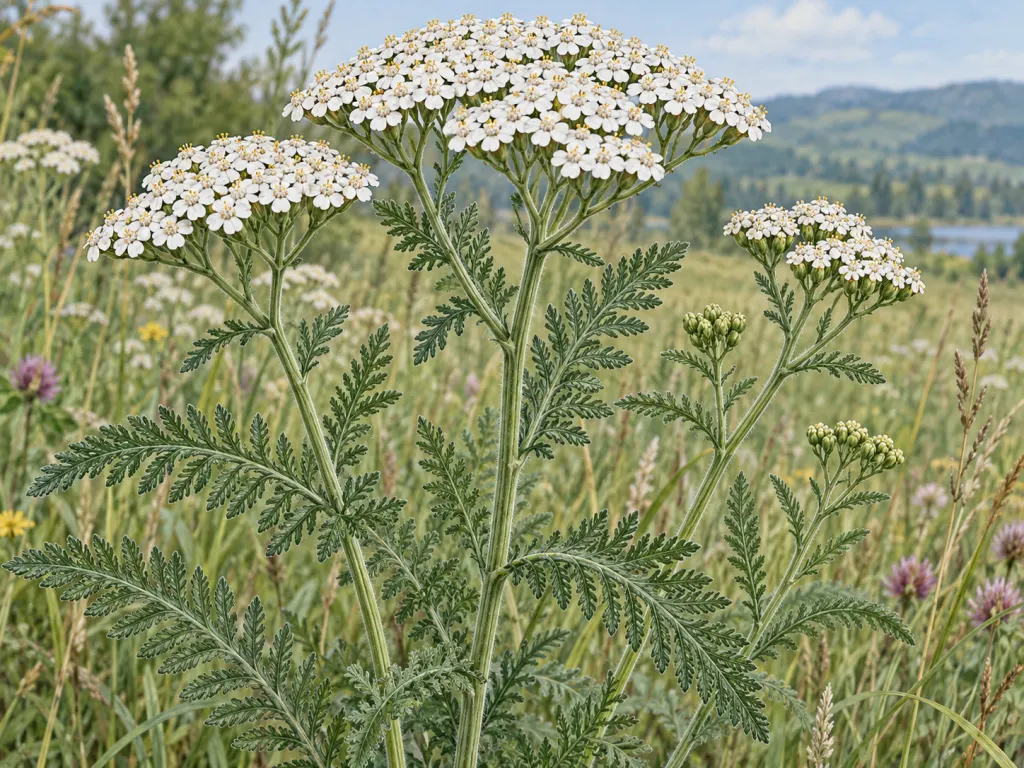 Detailed educational illustration of yarrow leaves, stems, and clustered flowers.