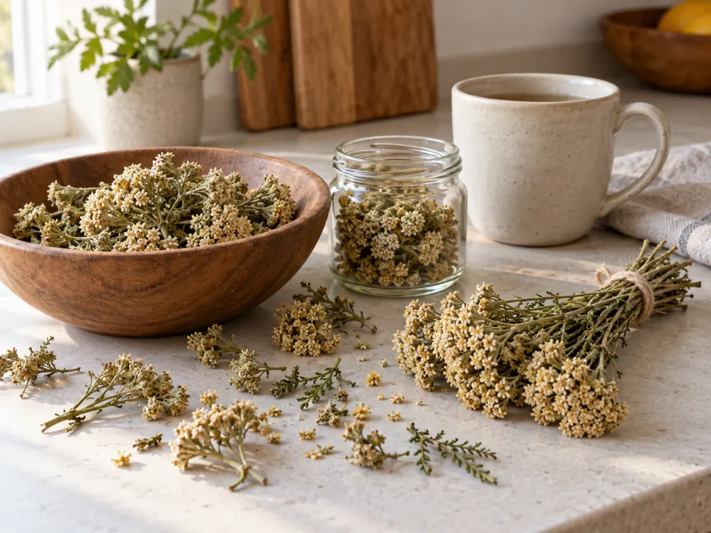 Dried yarrow flowers beside a plain cup and jar on a clean counter.
