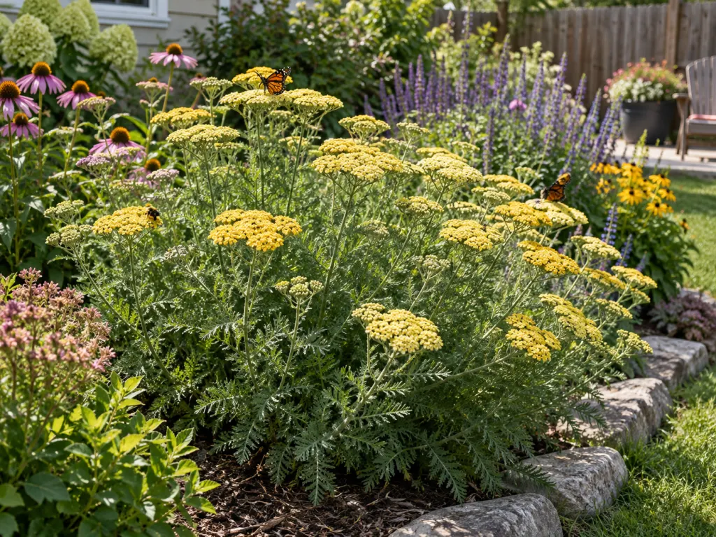 Yarrow blooming in a sunny mixed garden with visible flat flower clusters.