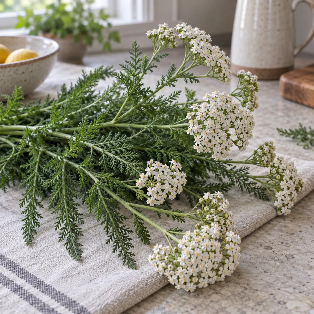 Fresh yarrow stems with white flower clusters and feathery leaves on a neutral table.