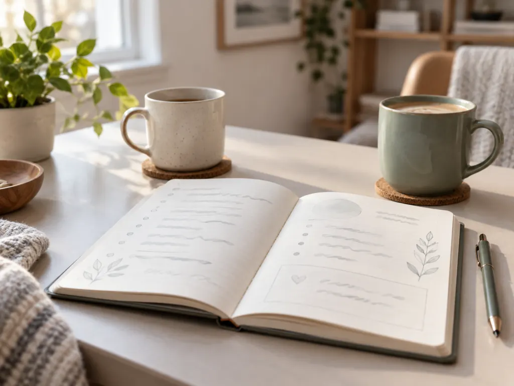 A blank notebook and mugs arranged for a thoughtful conversation.