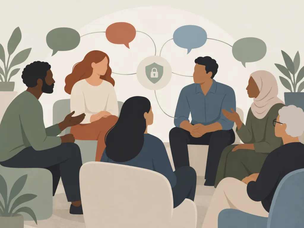 Diverse silhouettes connected by balanced conversation lines.