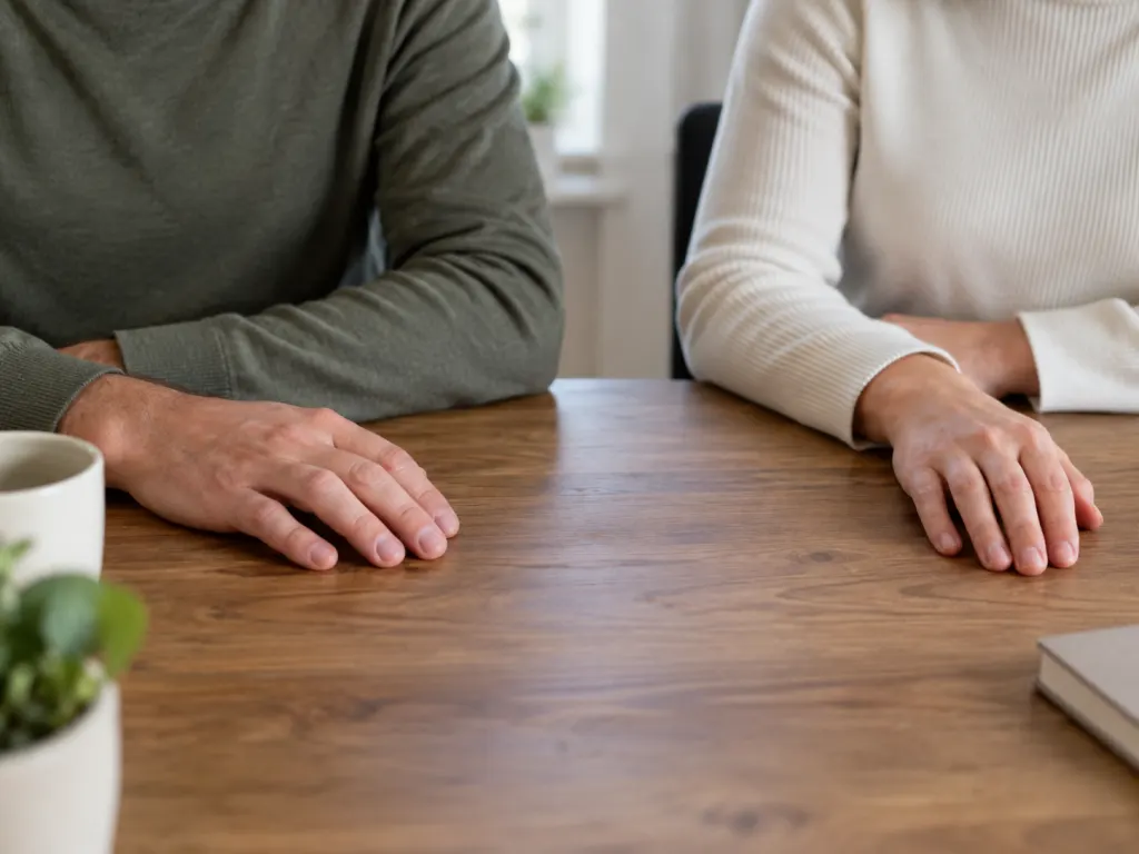 Two people sitting side by side with open hands resting apart on a table.