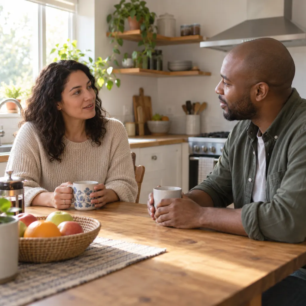 Two adults having a calm conversation at a kitchen table.