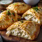 Three chicken pot pies on a wooden table.