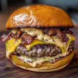 A close up of a bacon cheeseburger.